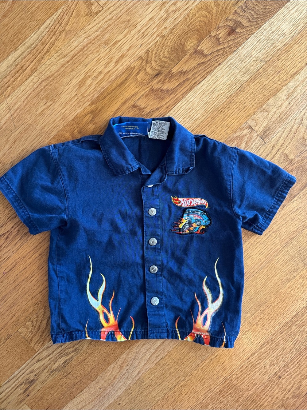 Hot Wheels vintage 2001 Navy Boys' Short-Sleeve snap Shirt with Flame Graphics